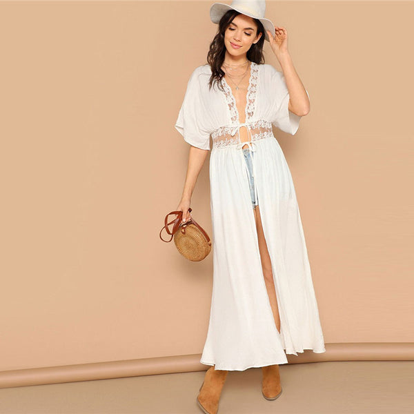 Drop Shoulder Knot Lace Insert White Kimono
