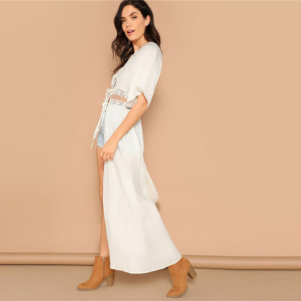 Drop Shoulder Knot Lace Insert White Kimono