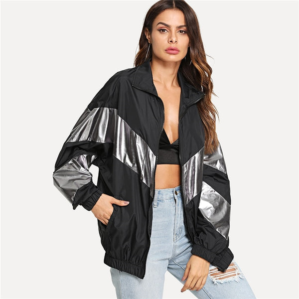 Multicolor Metallic Panel Insert Drop Shoulder Jacket Women