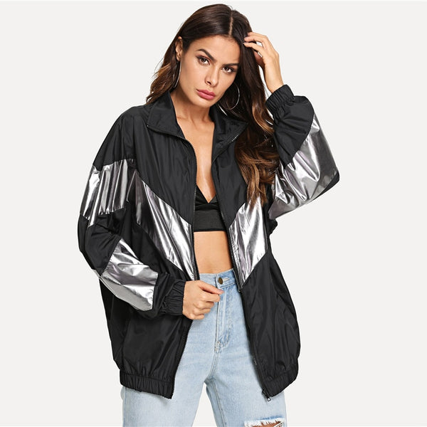 Multicolor Metallic Panel Insert Drop Shoulder Jacket Women