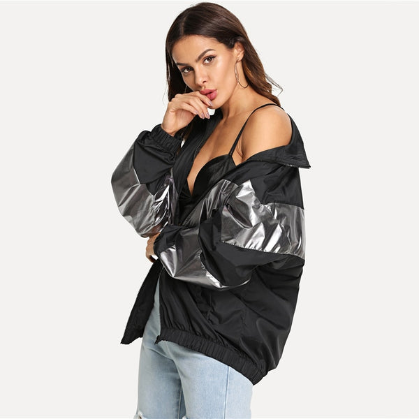 Multicolor Metallic Panel Insert Drop Shoulder Jacket Women