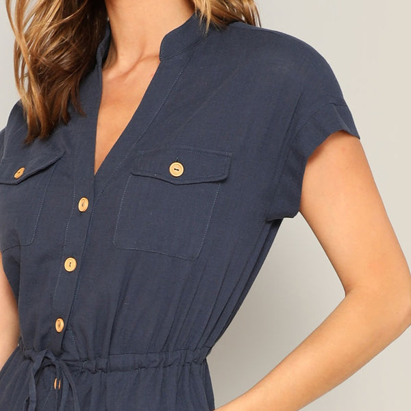 Navy Waist Drawstring Button and Pocket Front Jumpsuit