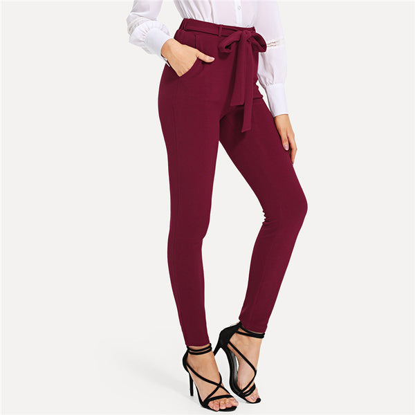 Burgundy Elegant Self Tie Solid Skinny Knot Mid Waist Pant
