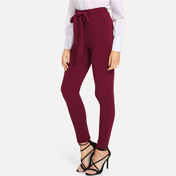 Burgundy Elegant Self Tie Solid Skinny Knot Mid Waist Pant