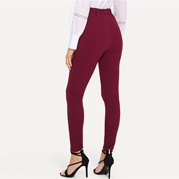 Burgundy Elegant Self Tie Solid Skinny Knot Mid Waist Pant