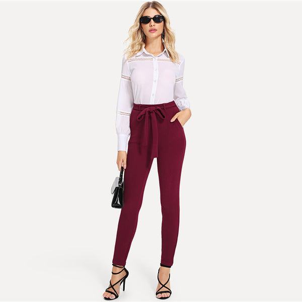 Burgundy Elegant Self Tie Solid Skinny Knot Mid Waist Pant