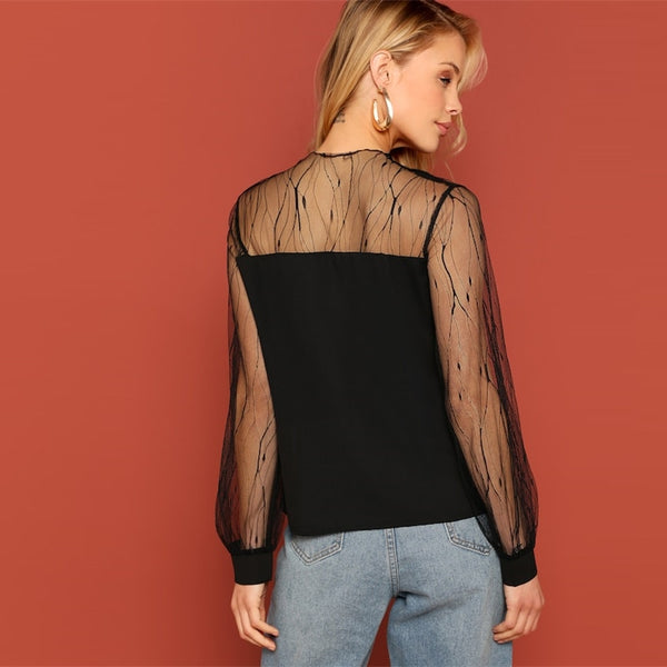Black Sheer Contrast Mesh Yoke Neck Round Neck Blouse